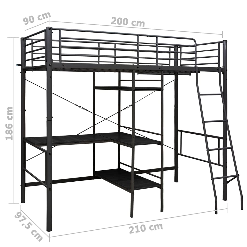 vidaXL Горно легло с рамка за маса, черно, метал, 90x200 см