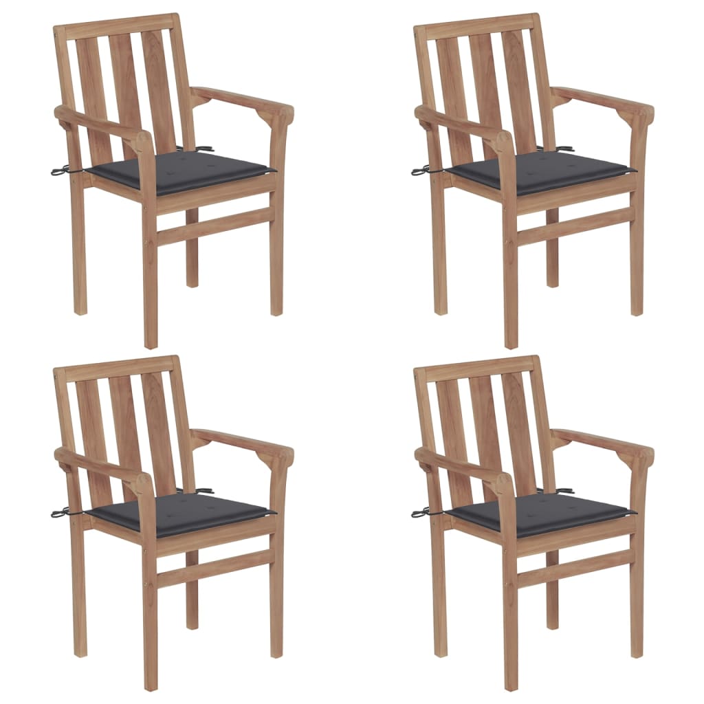 vidaXL Стифиращи градински столове с възглавници, 4 бр, тик масив