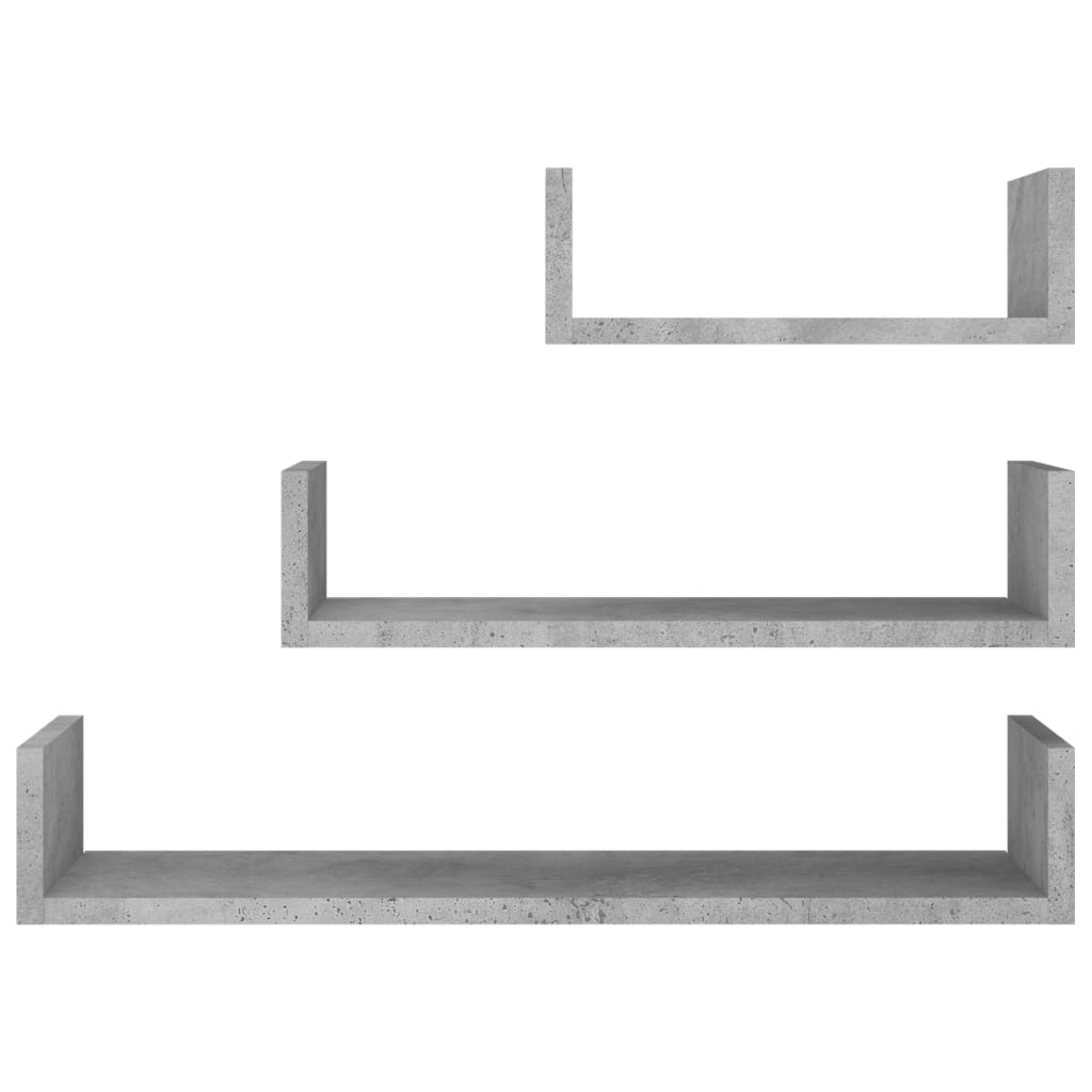 vidaXL Стенни рафтове, 3 бр, бетонно сиво, ПДЧ