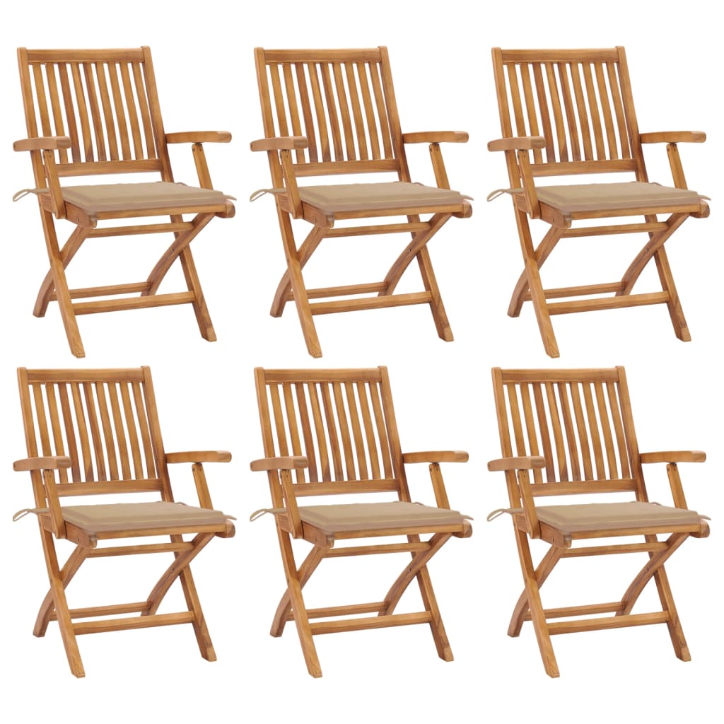 vidaXL Сгъваеми градински столове с възглавници, 6 бр, тик масив