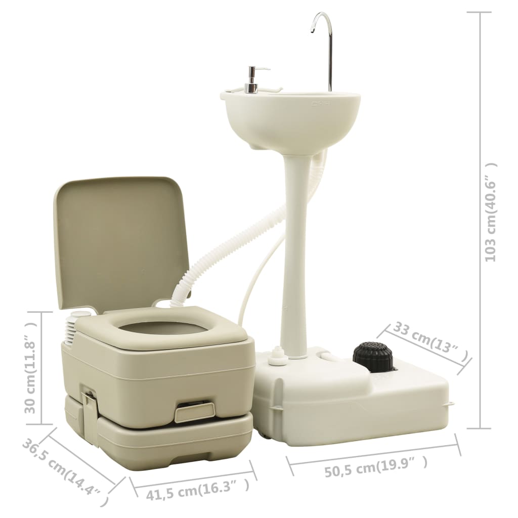 vidaXL Преносима къмпинг тоалетна 10+10 л с мивка за ръце 20 л сива
