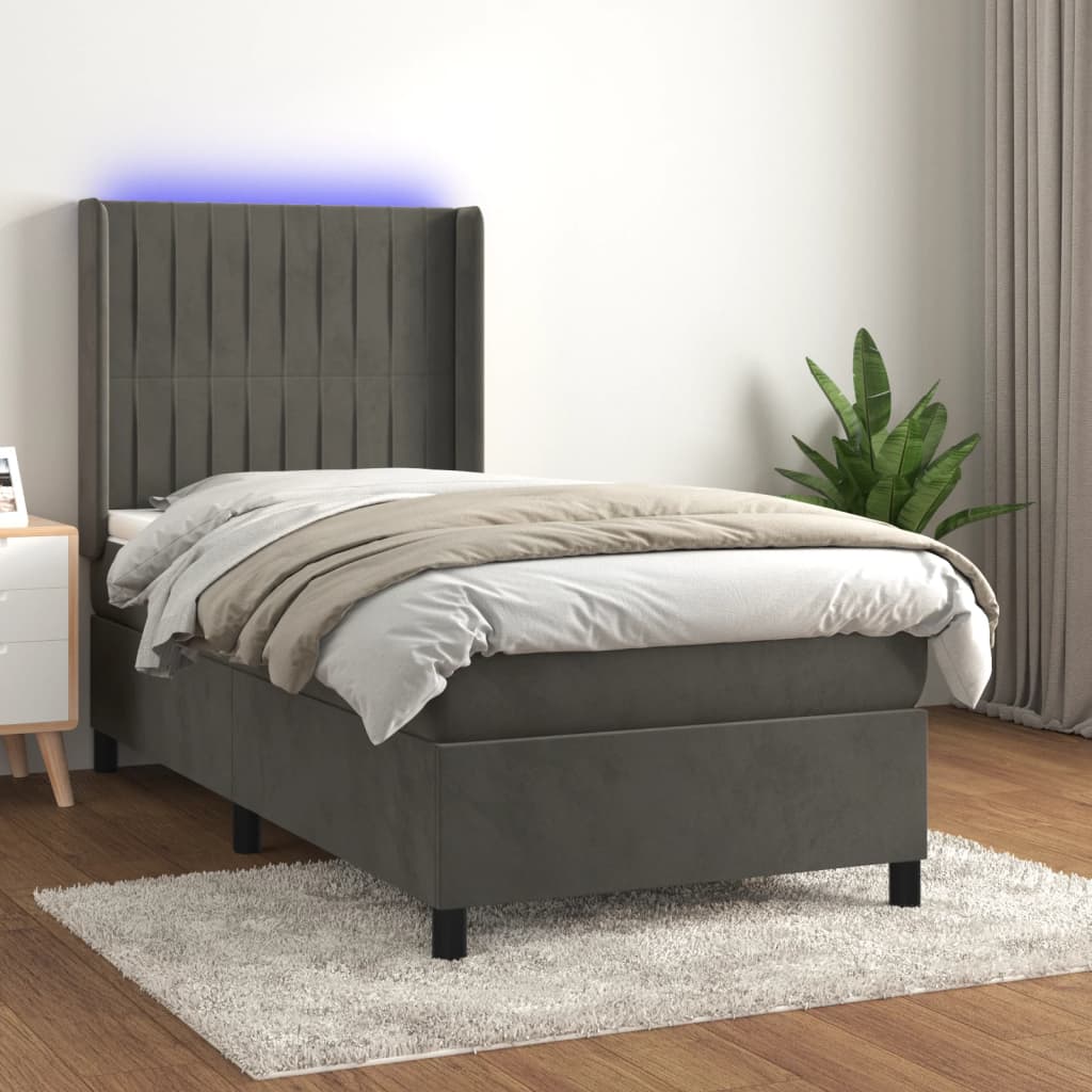 vidaXL Боксспринг легло с матрак и LED, тъмносиво, 90x200 см, кадифе