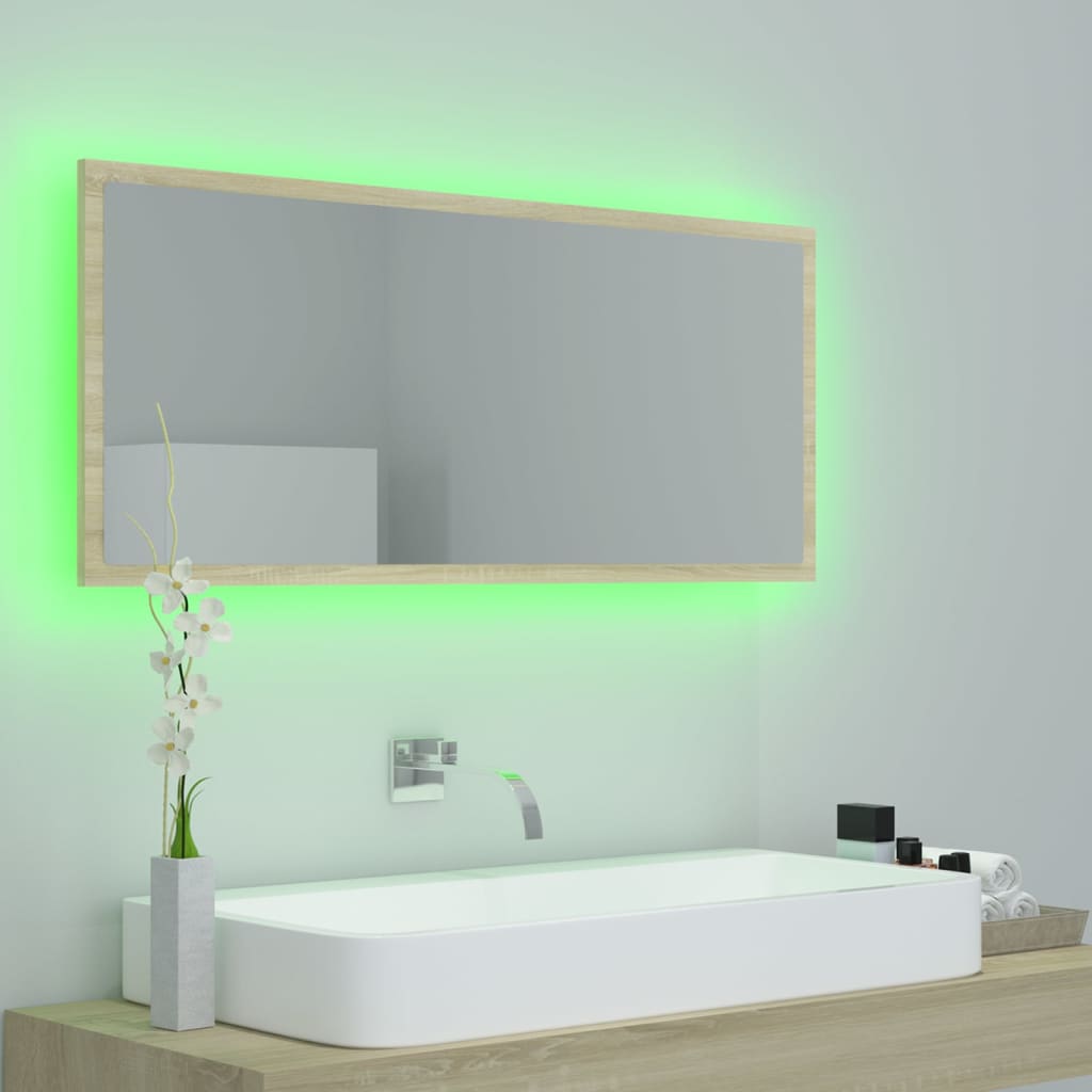 vidaXL LED огледало за баня, дъб сонома, 100x8,5x37 см, акрил