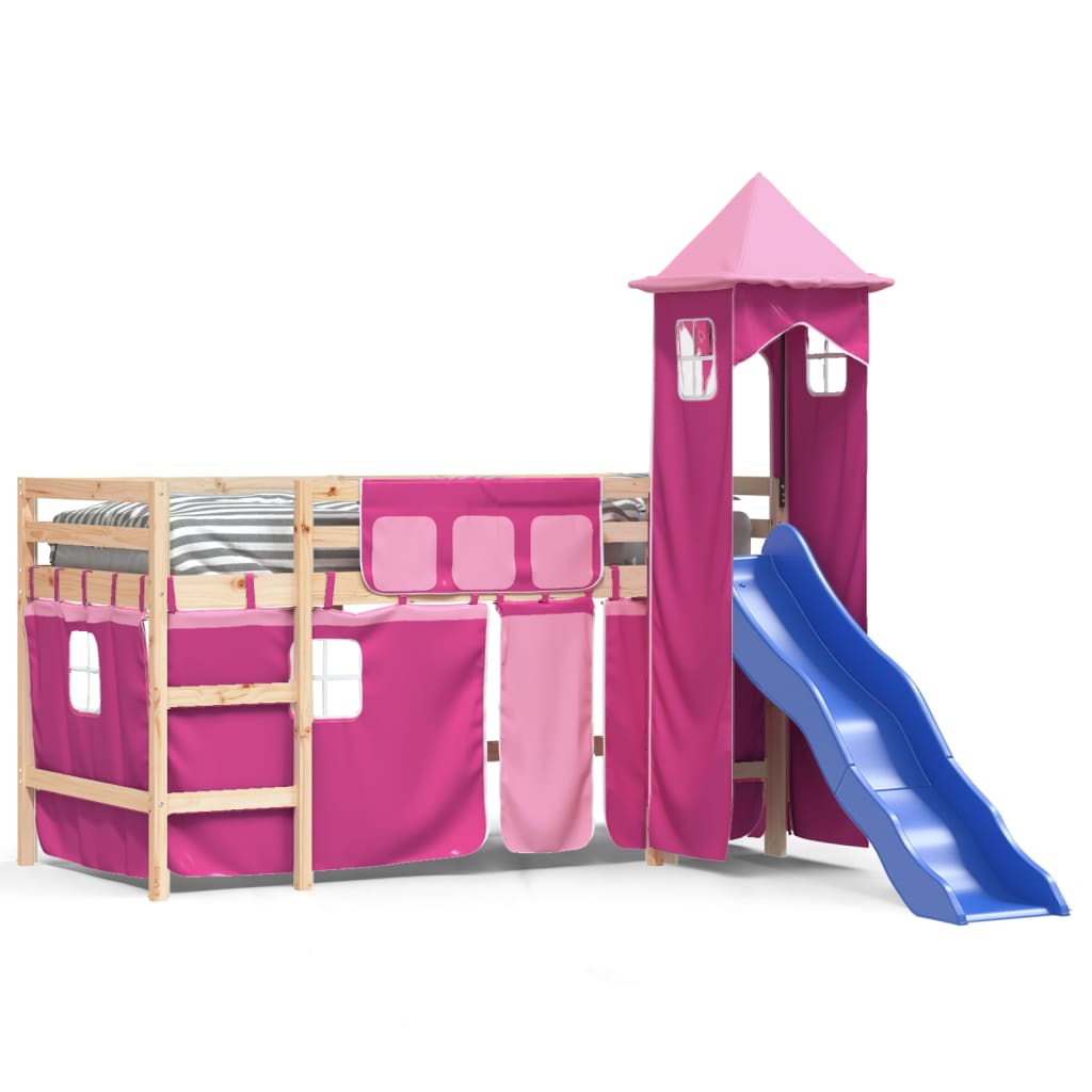 vidaXL Детско високо легло с кула, розово, 80x200 см, бор масив