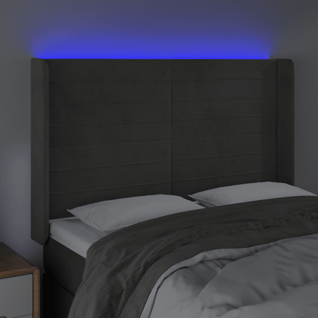 vidaXL LED горна табла за легло, тъмносива, 147x16x118/128 см, кадифе
