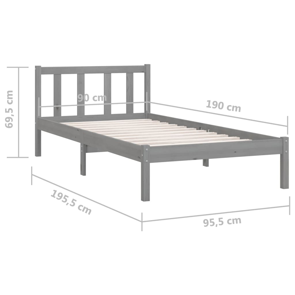 vidaXL Рамка за легло, сива, бор масив, 90x190 см, Single