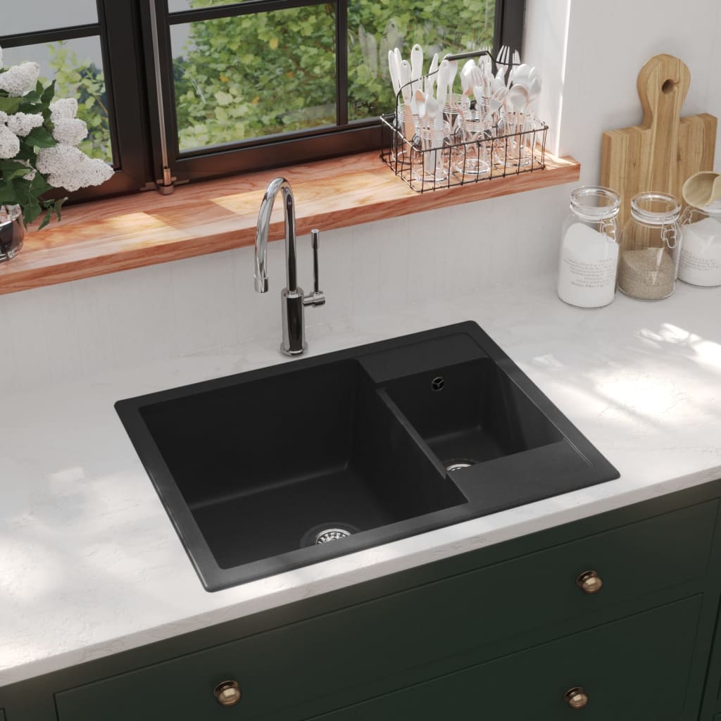 vidaXL Кухненска мивка с преливник, двойно корито, черна, гранит