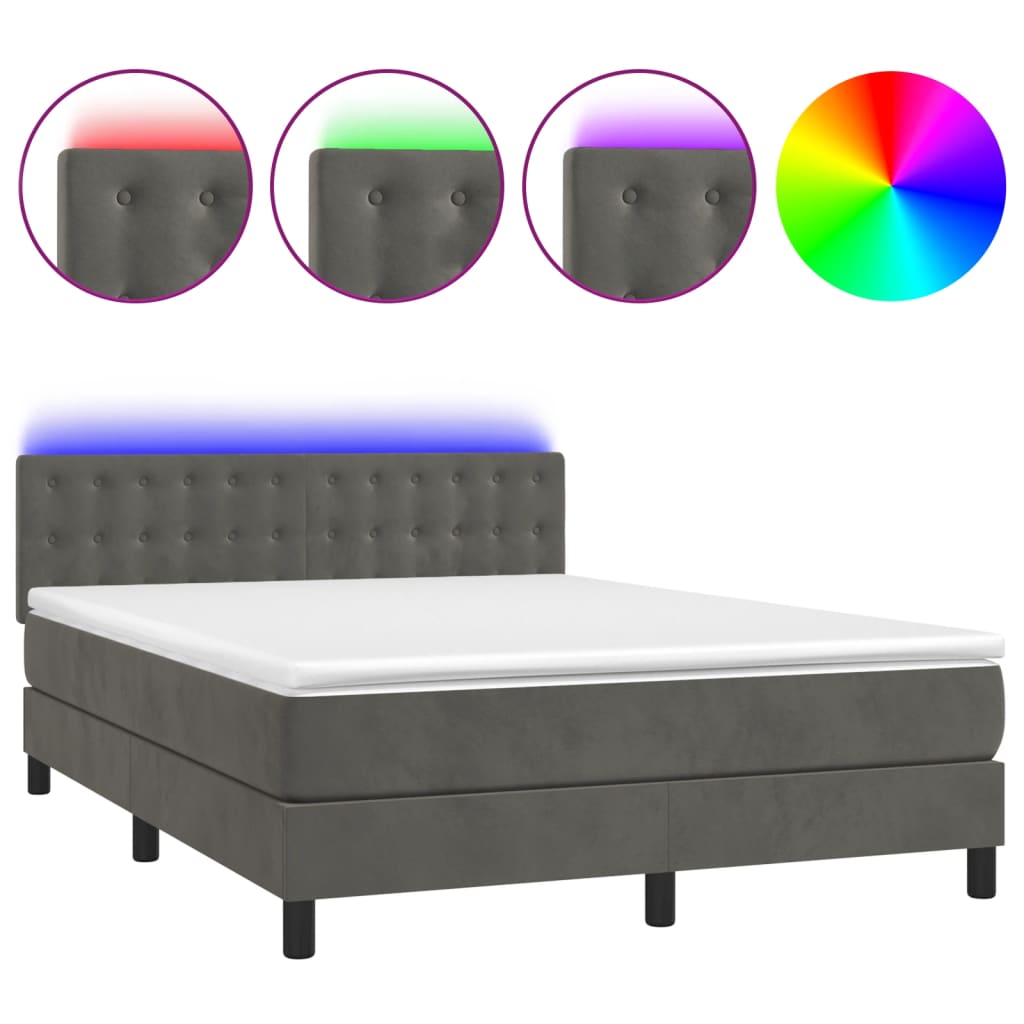 vidaXL Боксспринг легло с матрак и LED, тъмносиво, 140x200 см, кадифе
