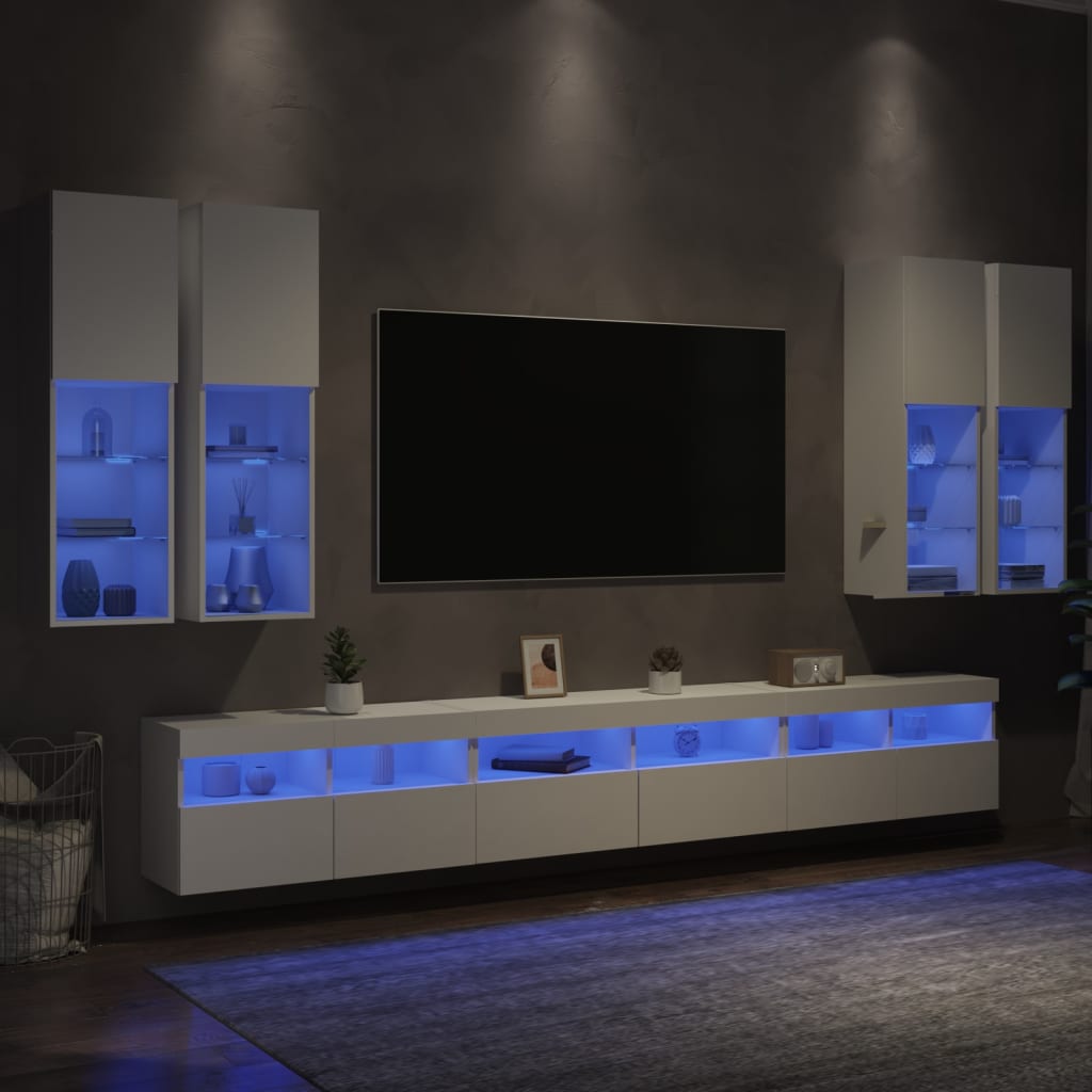 vidaXL Комплект ТВ стенни шкафове, 7 части, с LED светлини, бели