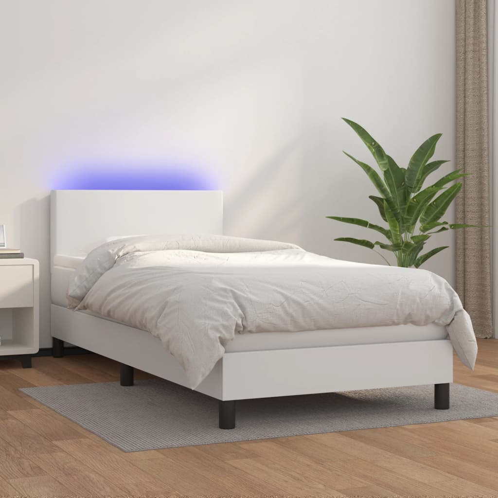 vidaXL Боксспринг легло с матрак и LED бяло 100x200 см изкуствена кожа