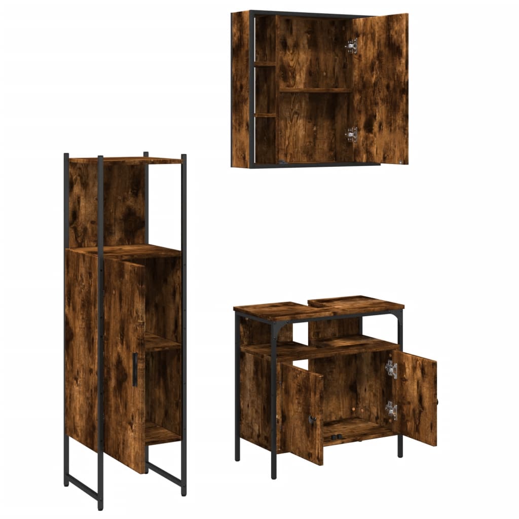 vidaXL Комплект шкафове за баня от 3 части инженерно дърво Опушен дъб