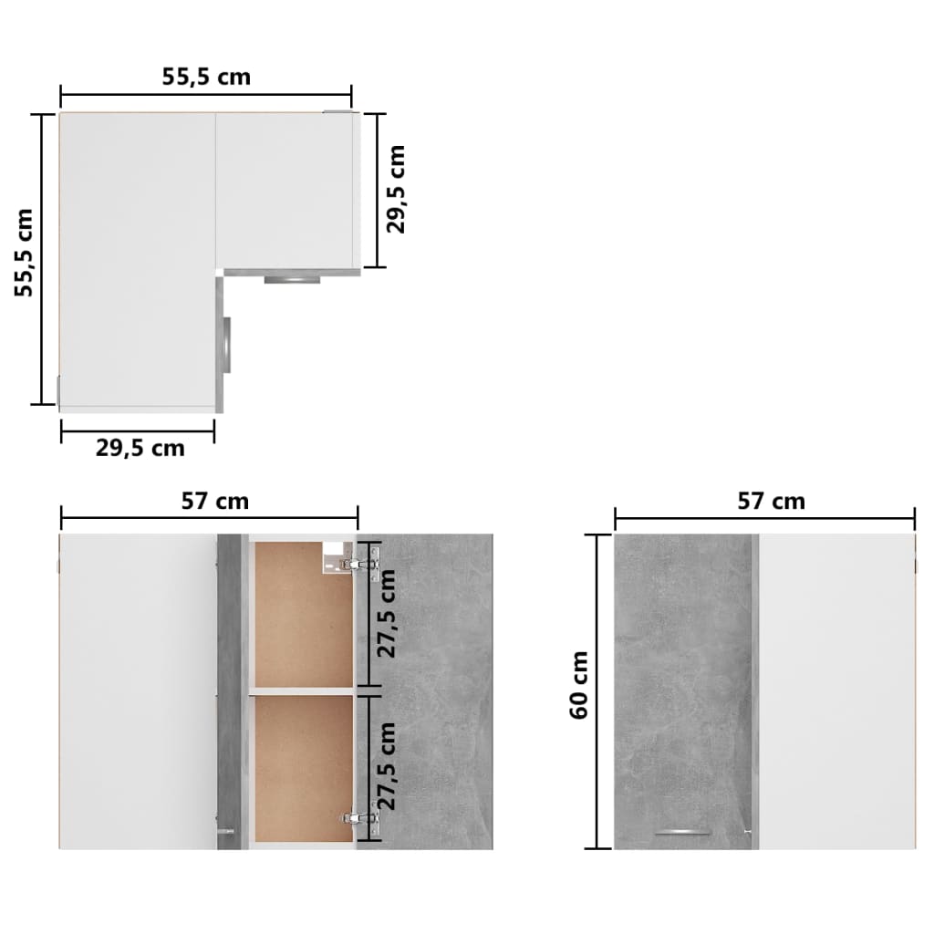 vidaXL Висящ ъглов шкаф, бетонно сив, 57x57x60 см, ПДЧ