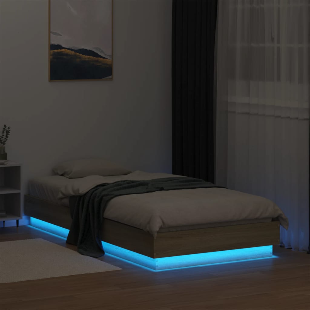 vidaXL Рамка за легло с LED осветление, дъб сонома, 90x190 см