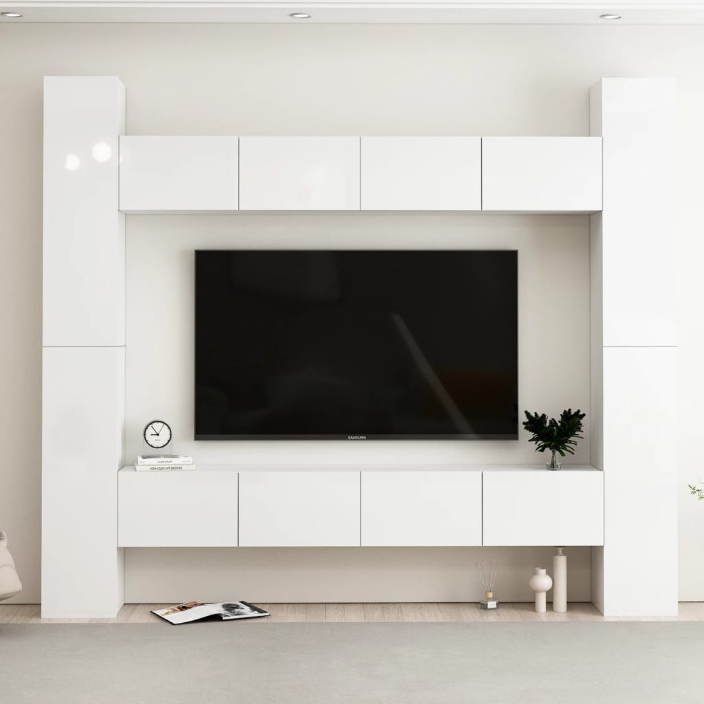 vidaXL Комплект ТВ шкафове от 8 части, бял гланц, ПДЧ