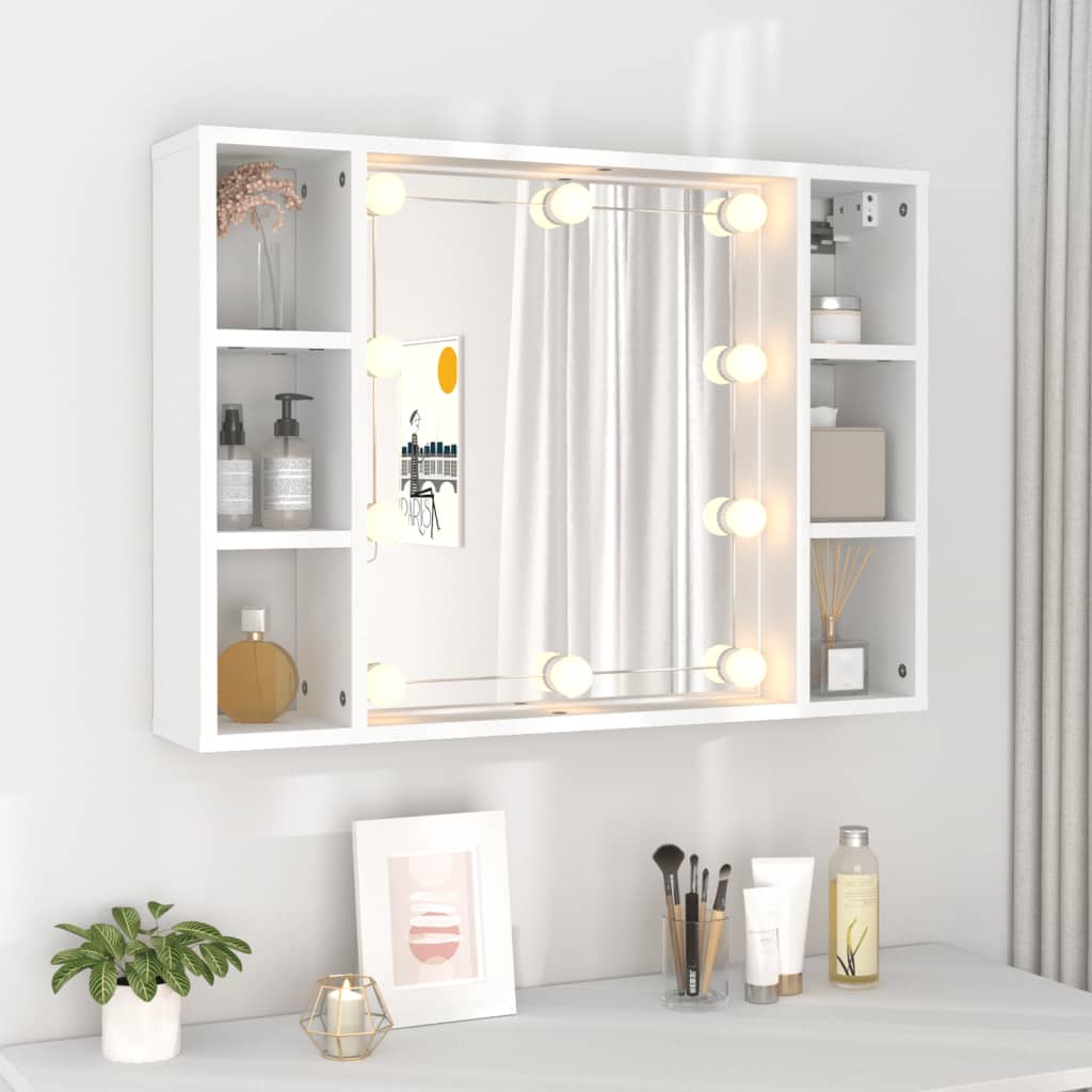 vidaXL Огледален шкаф с LED, бял, 76x15x55 см