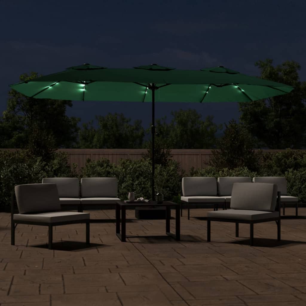 vidaXL Чадър с двоен покрив и LED светлини, зелен, 449x245 см