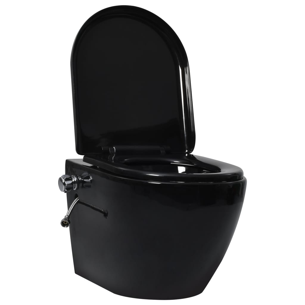 vidaXL Окачена тоалетна без ръбове със скрито казанче черна керамика