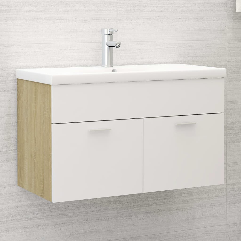 vidaXL Долен шкаф за мивка, бяло и дъб сонома, 80x38,5x46 см, ПДЧ