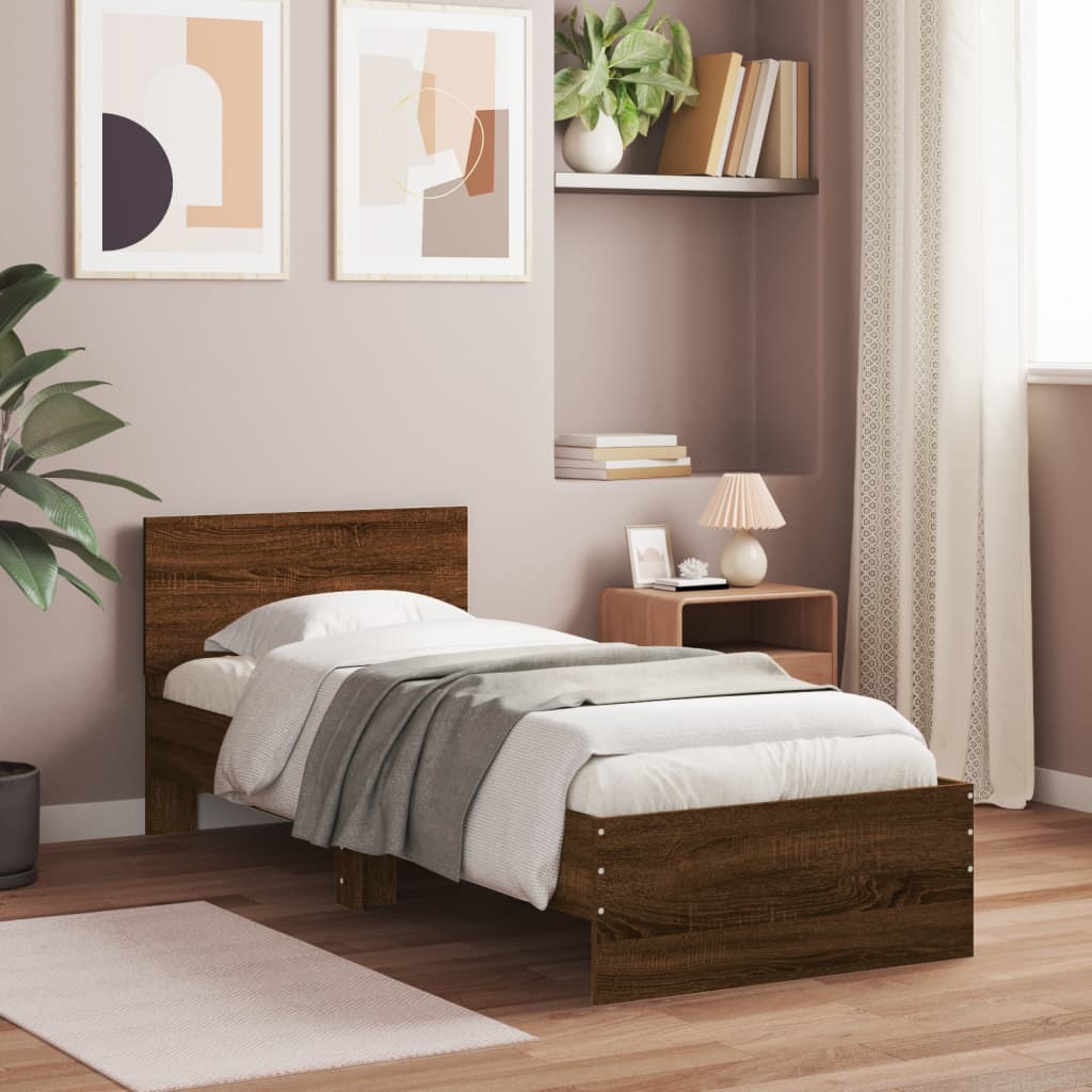 vidaXL Рамка за легло с табла, кафяв дъб, 75x190 см, инженерно дърво