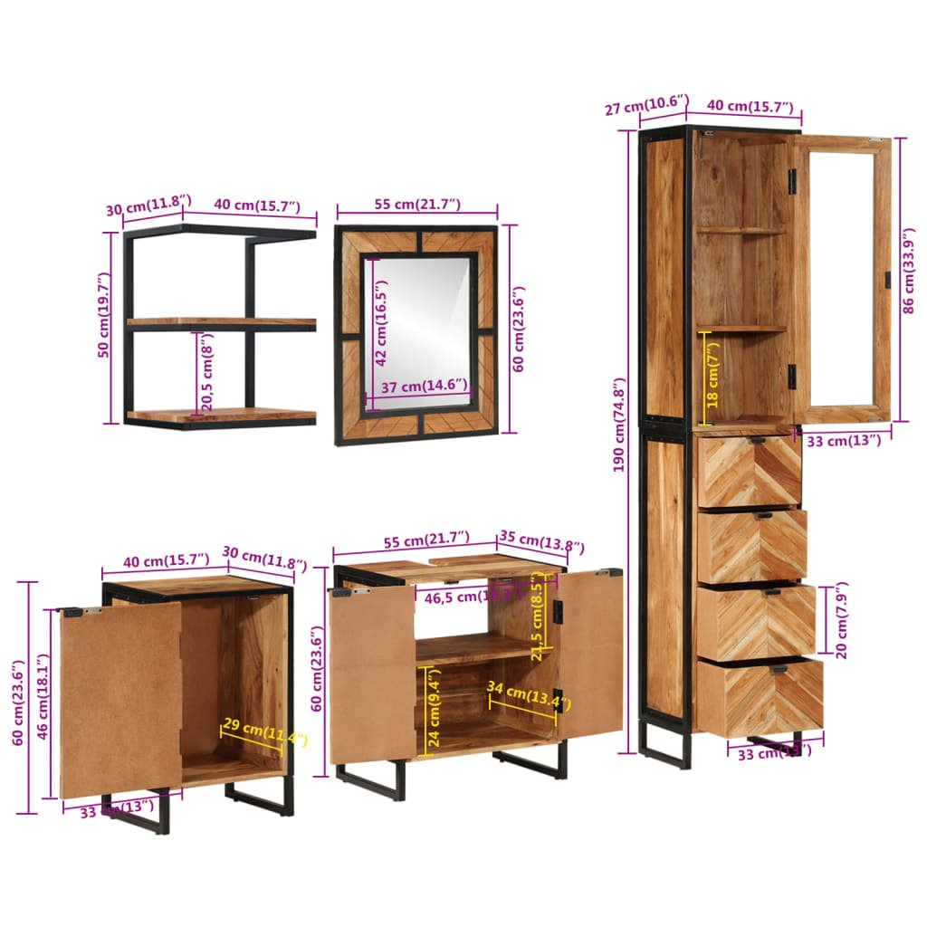 vidaXL Комплект мебели за баня, 5 части, желязо и масивна акация