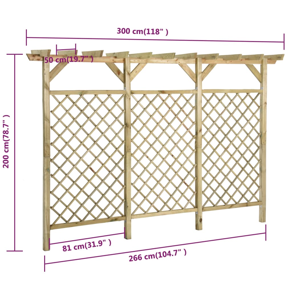 vidaXL Градинска решетъчна ограда с покрив-пергола, 300x50x200 см, бор
