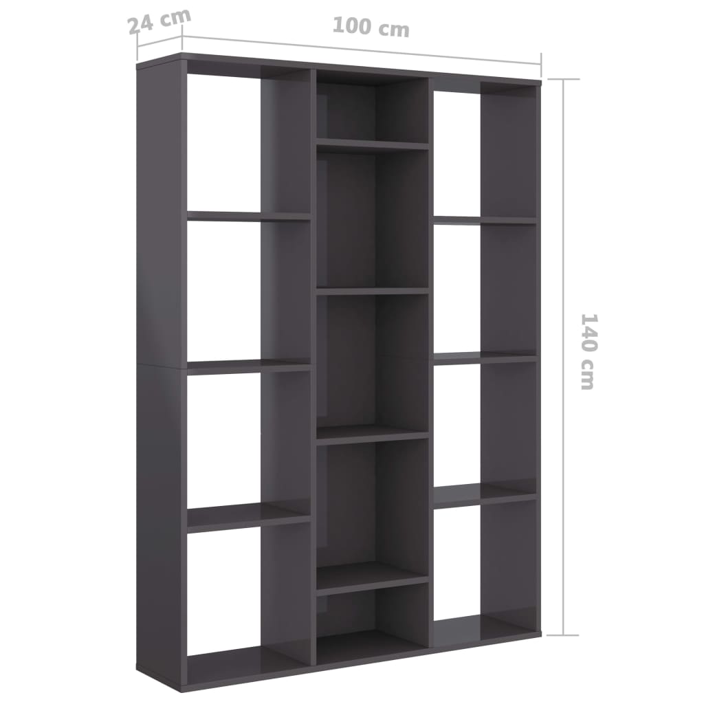 vidaXL Разделител за стая/библиотека, сив гланц, 100x24x140 см, ПДЧ