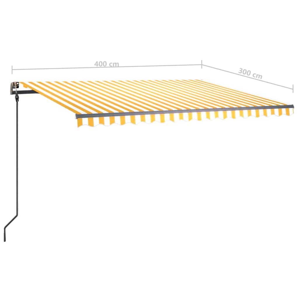 vidaXL Ръчно прибиращ се сенник с LED, 4x3 м, жълто и бяло