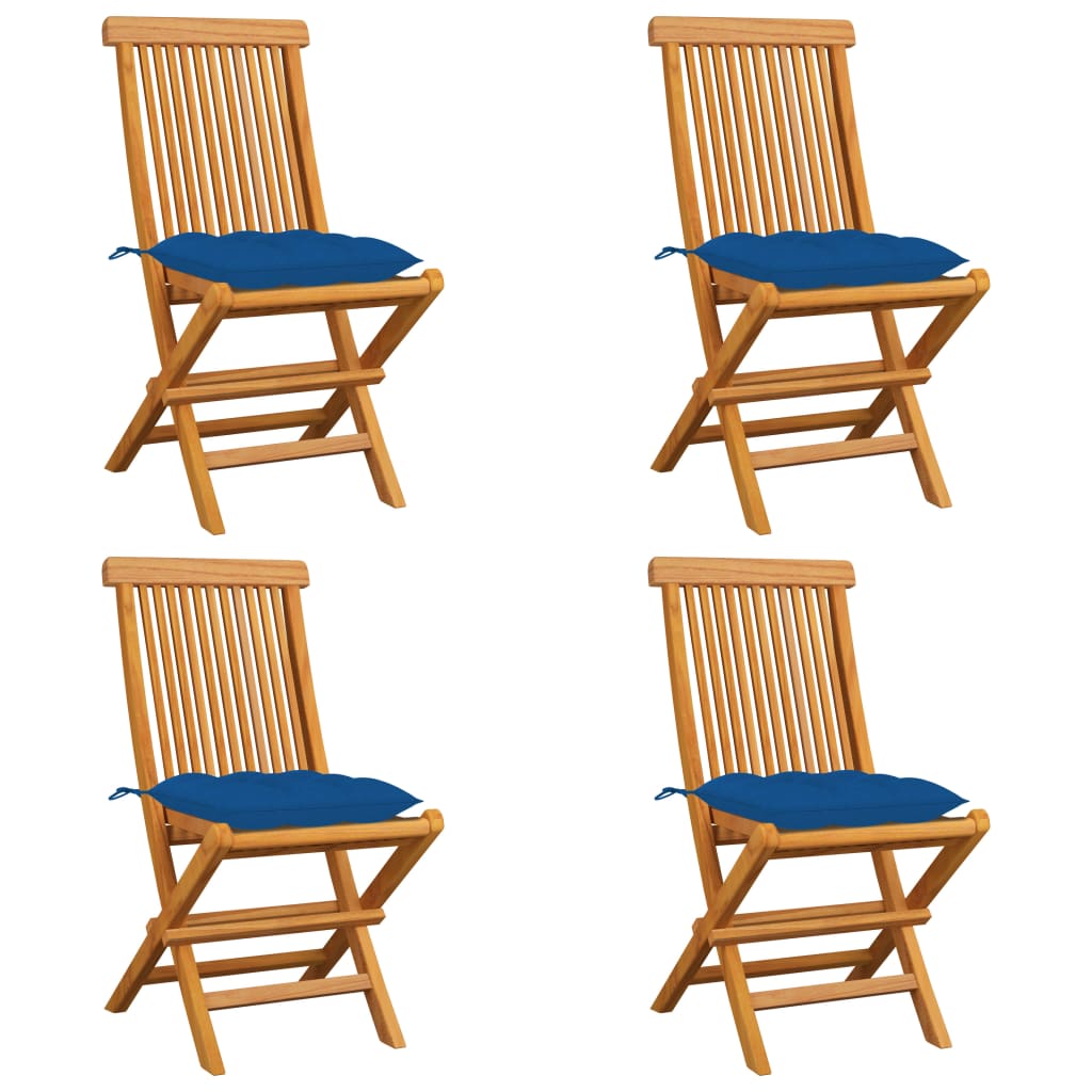 vidaXL Градински столове със сини възглавници 4 бр тиково дърво масив