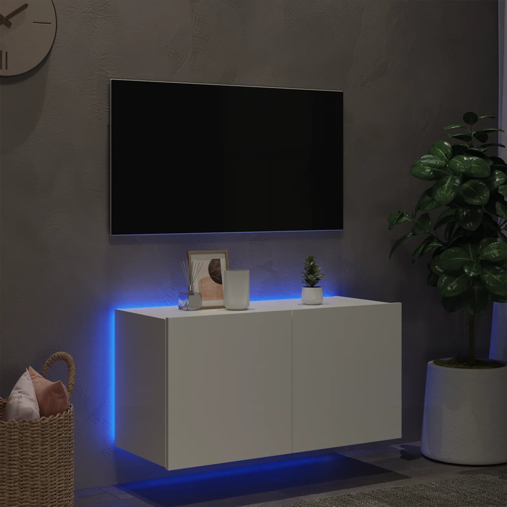 vidaXL Стенен ТВ шкаф с LED осветление, бял, 80x35x41 см