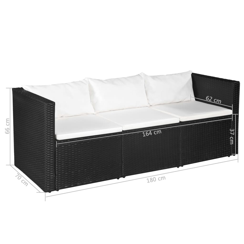 vidaXL 3-местен градински диван, черен, полиратан, с бели възглавници