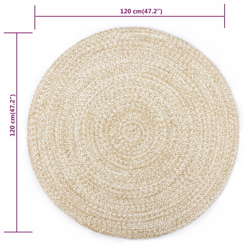 vidaXL Ръчно тъкан килим от юта, бял и естествен цвят, 120 см