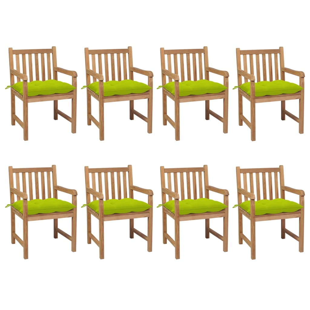 vidaXL Градински столове, 8 бр, с яркозелени възглавници, тик масив