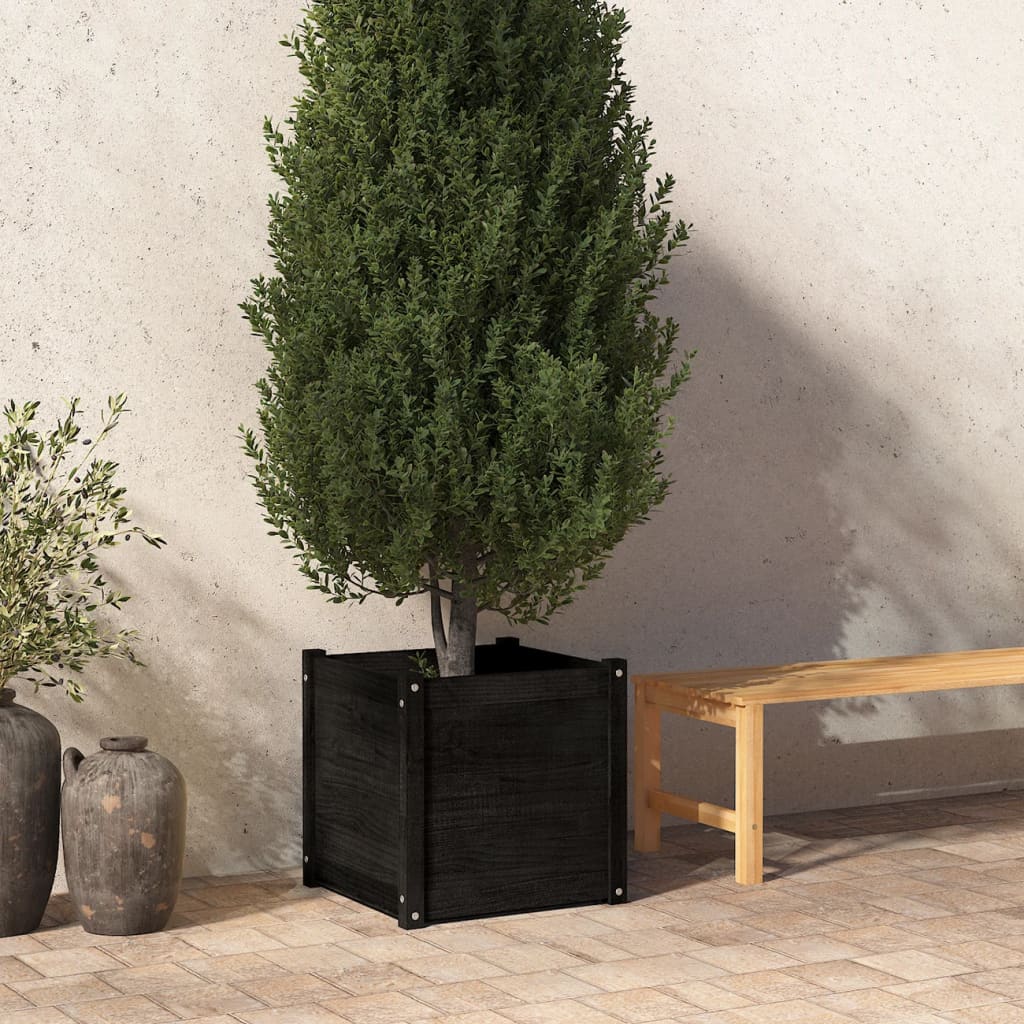 vidaXL Градински сандък, черен, 50x50x50 см, борово дърво масив