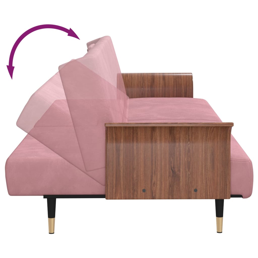 vidaXL Разтегателен диван с поставки за чаши, розов, кадифе