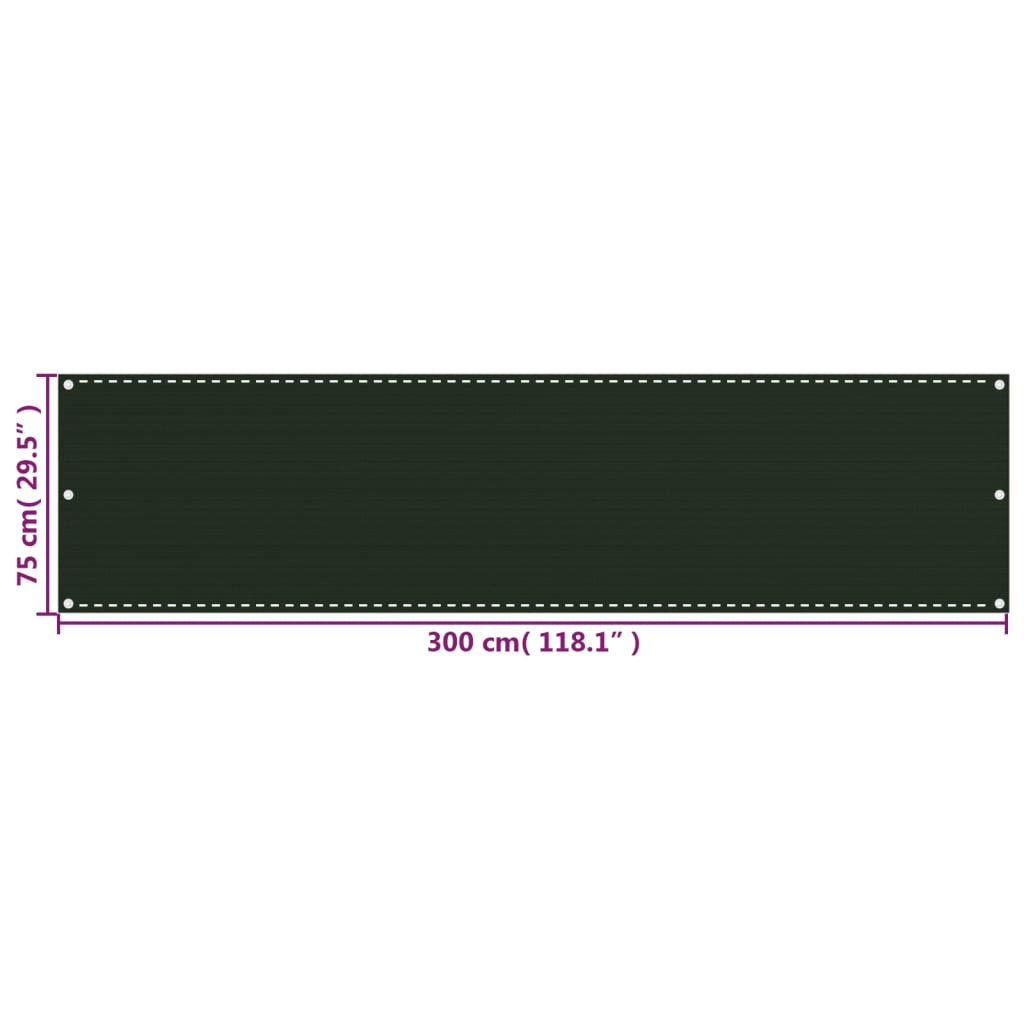 vidaXL Балконски параван, тъмнозелен, 75x300 см, HDPE