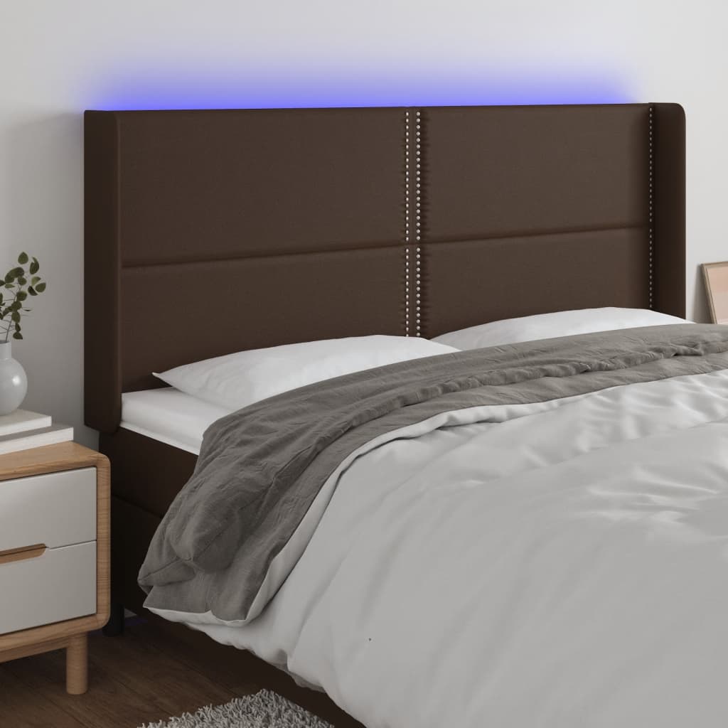 vidaXL LED горна табла за легло, кафява, 203x16x118/128 см