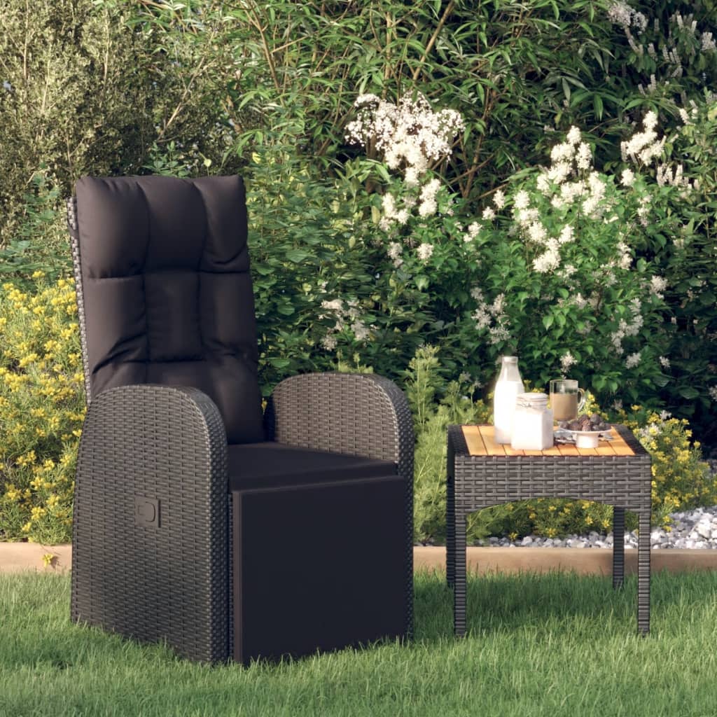 vidaXL Накланящ се градински стол с възглавница, полиратан, черен