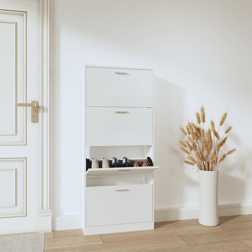 vidaXL Шкаф за обувки, бял гланц, 59x17x150 см, инженерно дърво