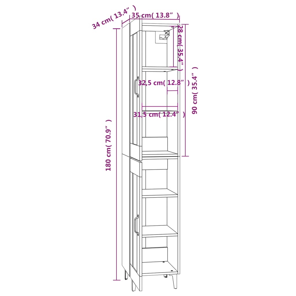 vidaXL Висок шкаф, опушен дъб, 35x34x180 см, инженерно дърво