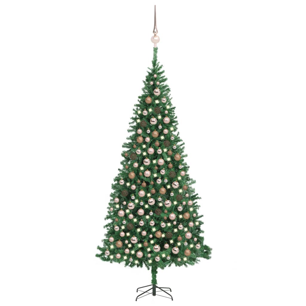 vidaXL Изкуствена осветена коледна елха с топки и LED, 300 см, зелена