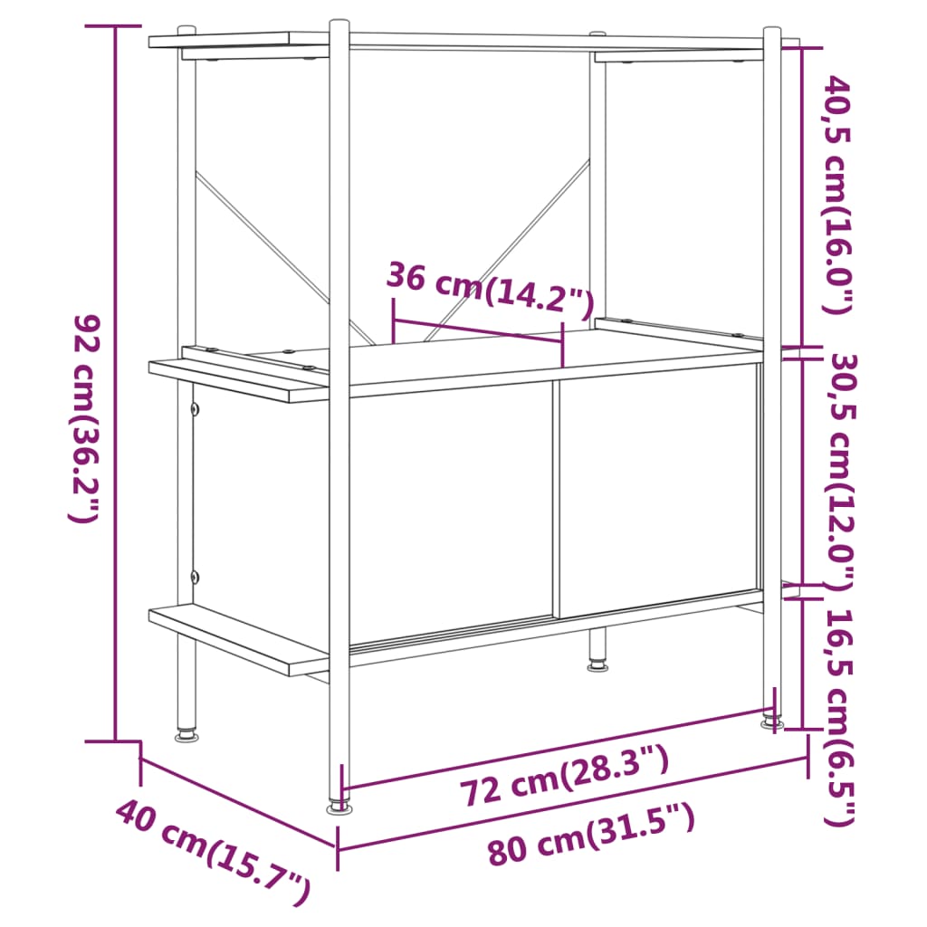 vidaXL Стелаж на 3 нива с шкаф, 80x40x92 см, стомана и инженерно дърво