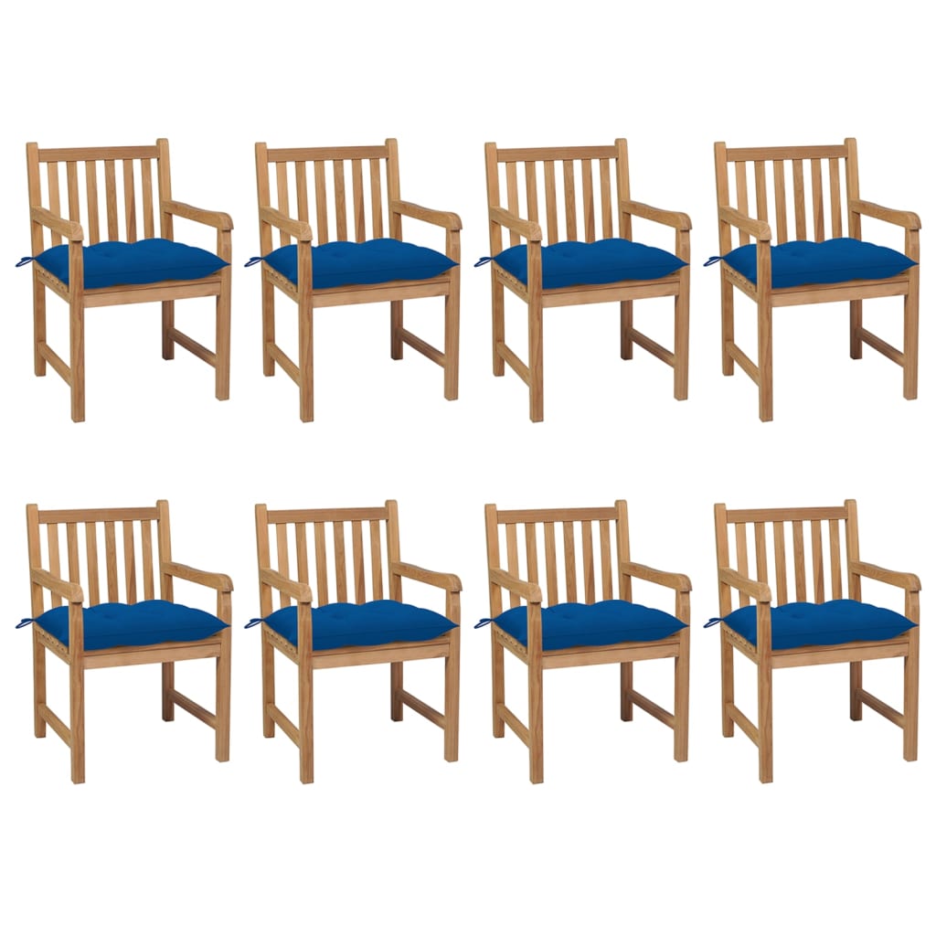 vidaXL Градински столове, 8 бр, сини възглавници, тиково дърво масив