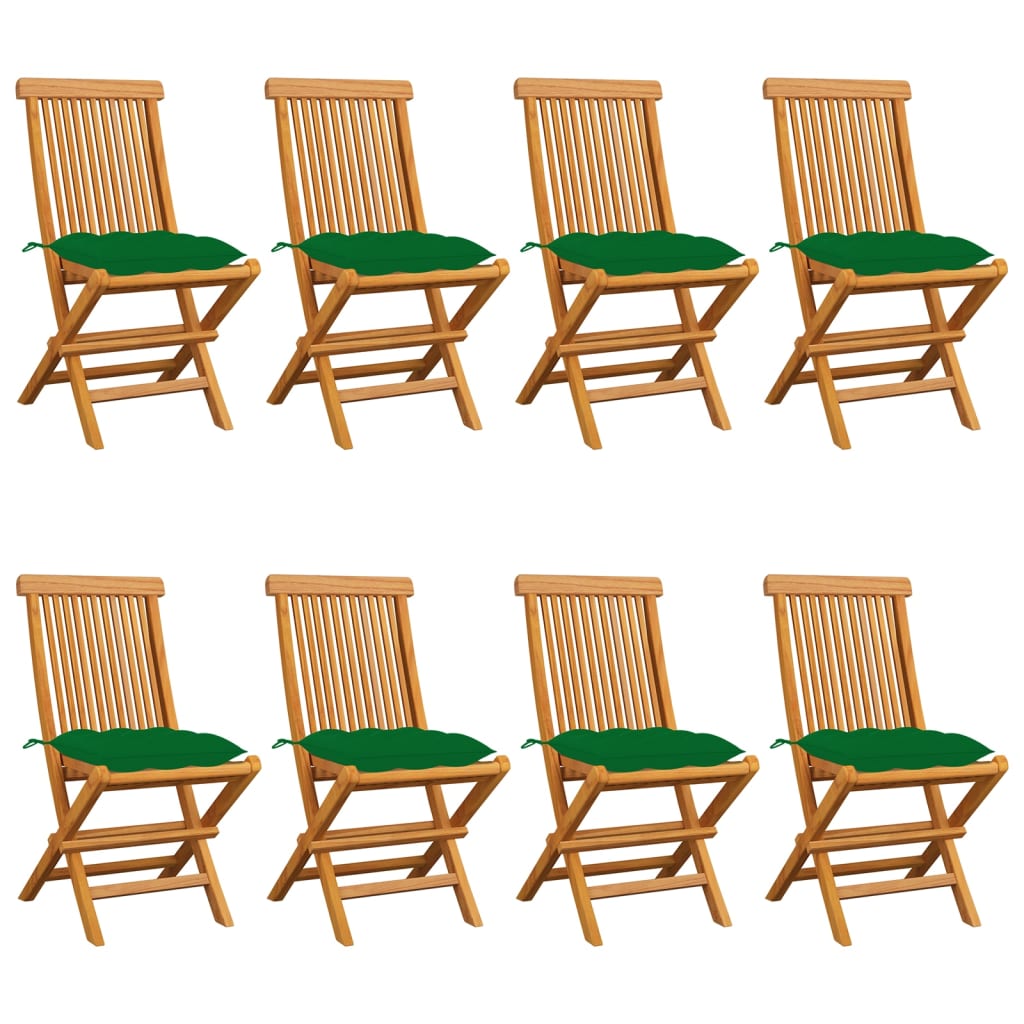vidaXL Градински столове със зелени възглавници 8 бр тик масив