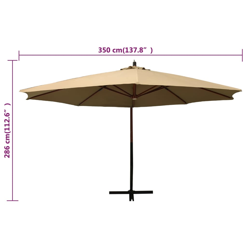 vidaXL Висящ чадър с дървен стълб, 350 см, таупе