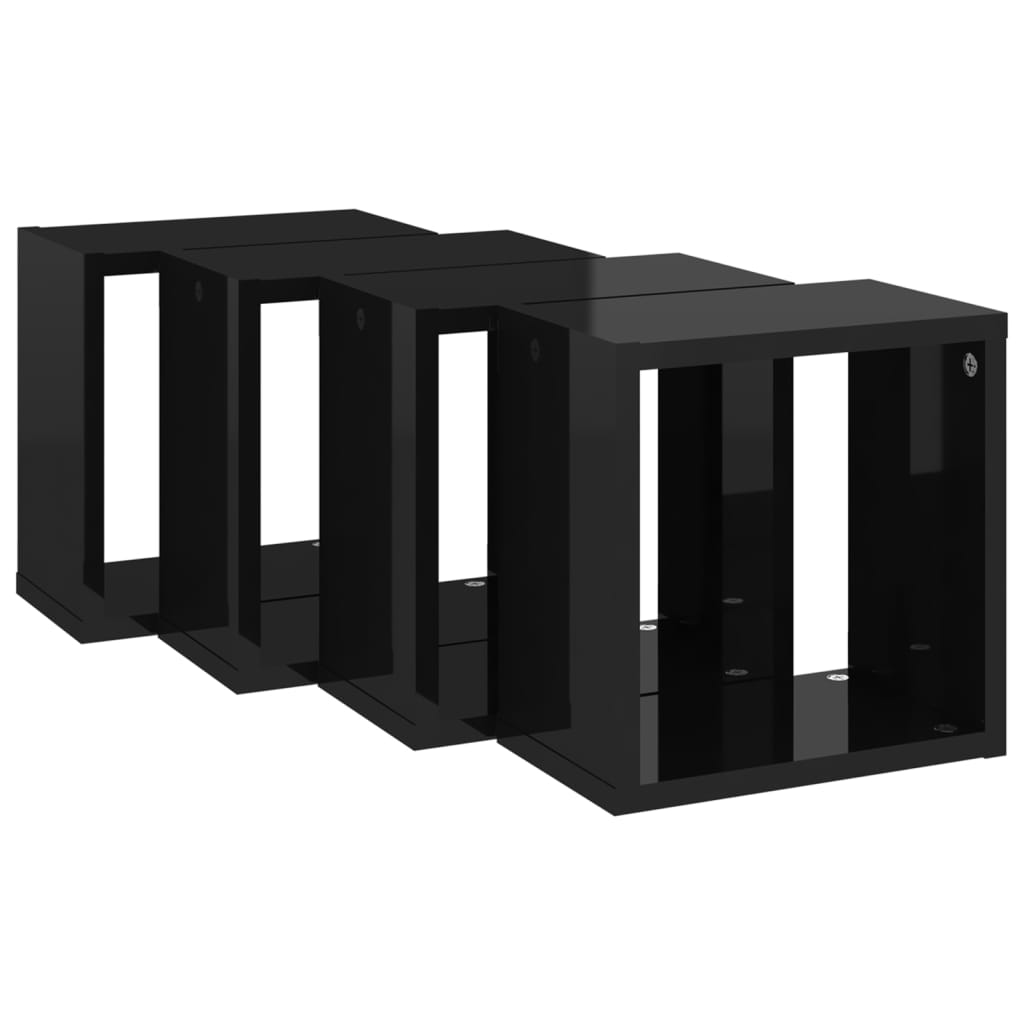 vidaXL Стенни кубични рафтове, 4 бр, черен гланц, 26x15x26 см