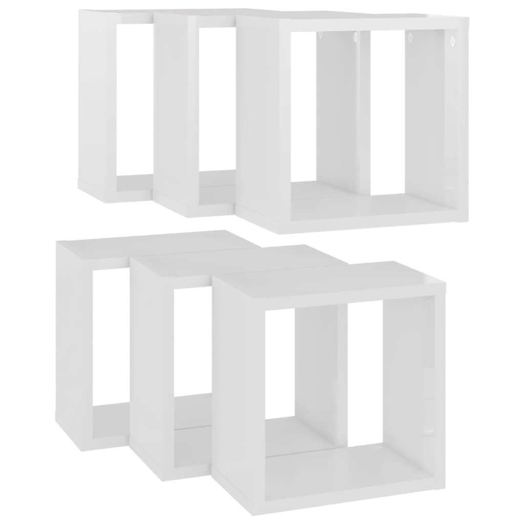 vidaXL Стенни кубични рафтове, 6 бр, бял гланц, 26x15x26 см