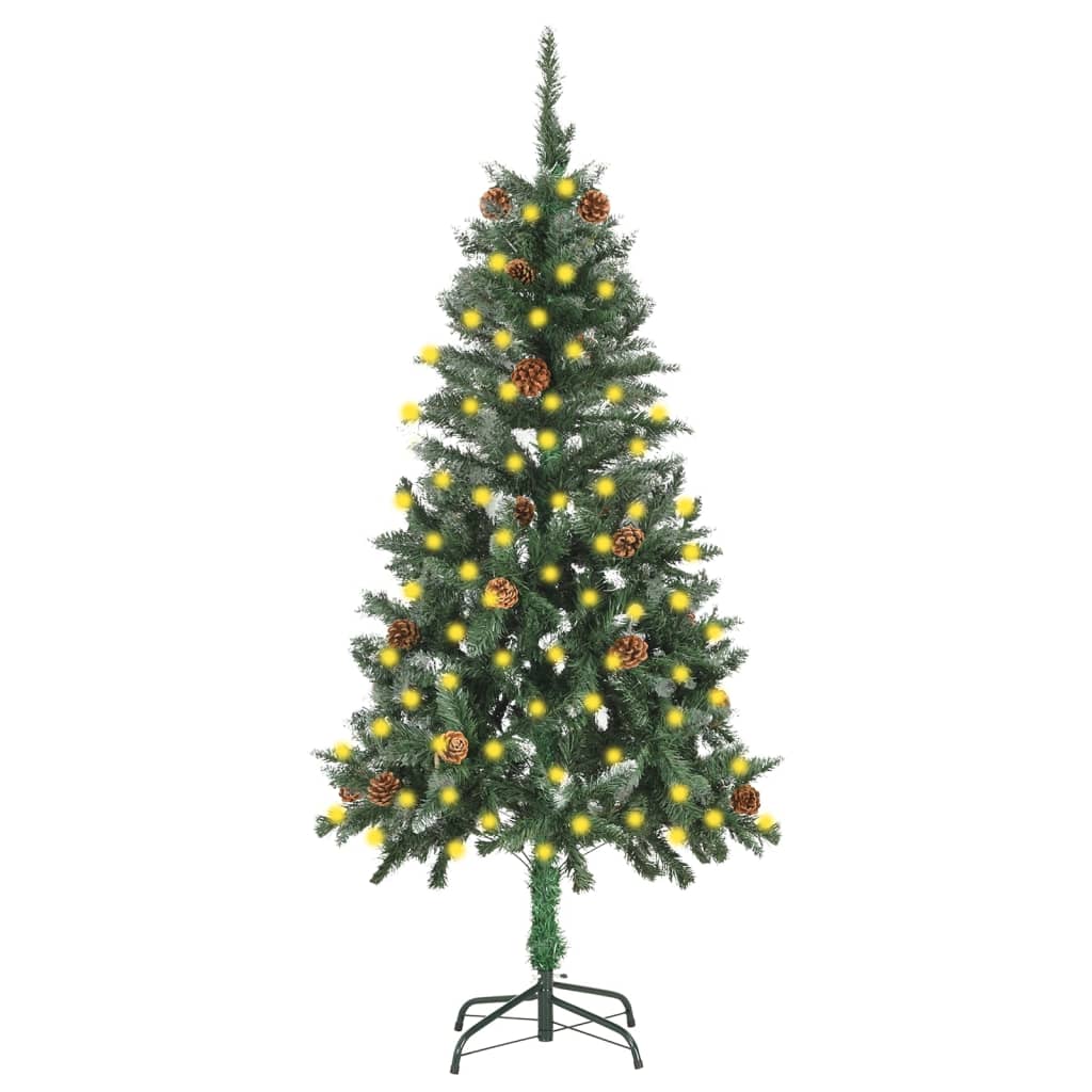 vidaXL Изкуствена предварително осветена коледна елха с шишарки 150 см