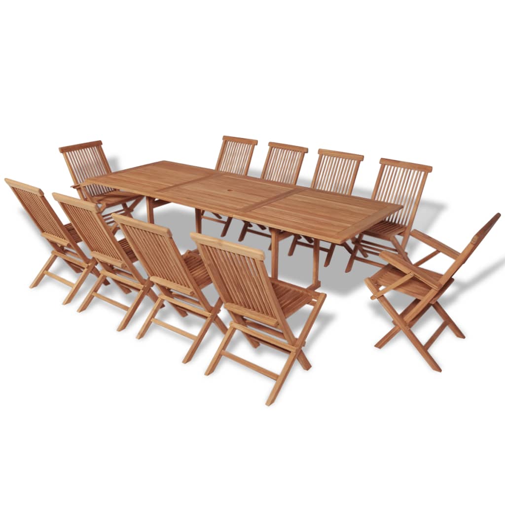 vidaXL Градински комплект, 11 части, сгъваеми столове, тик масив