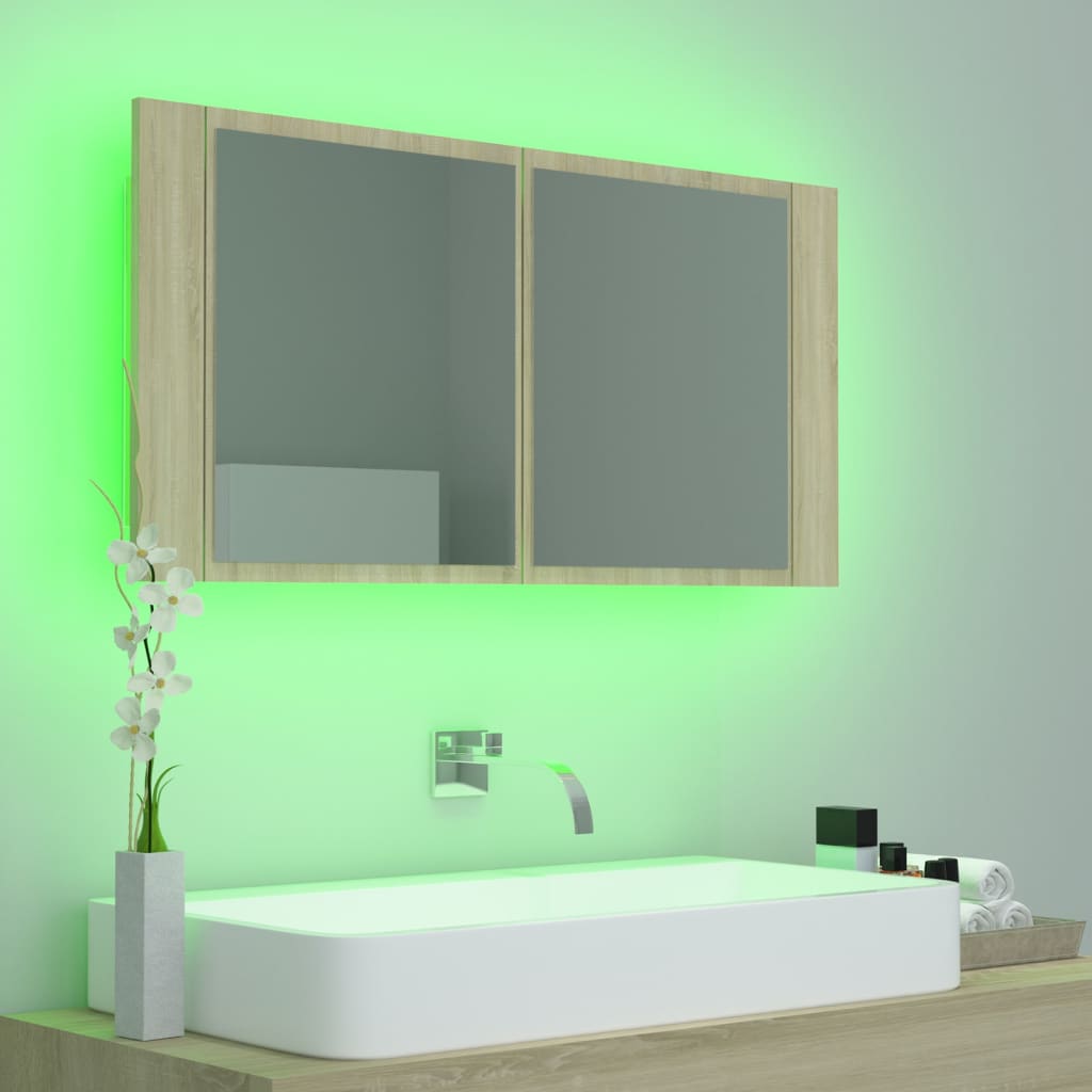 vidaXL Шкаф с LED огледало за баня, дъб сонома, 90x12x45 см, акрил