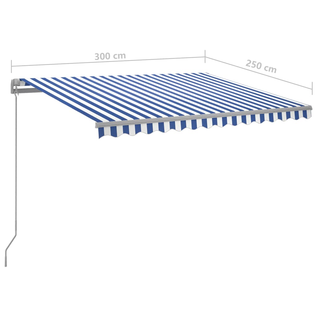 vidaXL Автоматично прибиращ се сенник с прътове, 3x2,5 м, синьо и бяло